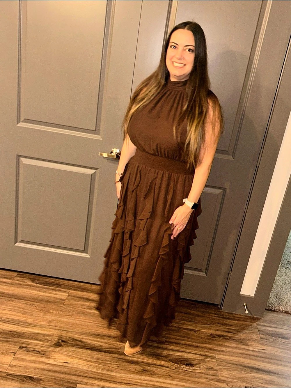 1 STATE Halter Ruffle Maxi Dress Coffee Brown Large